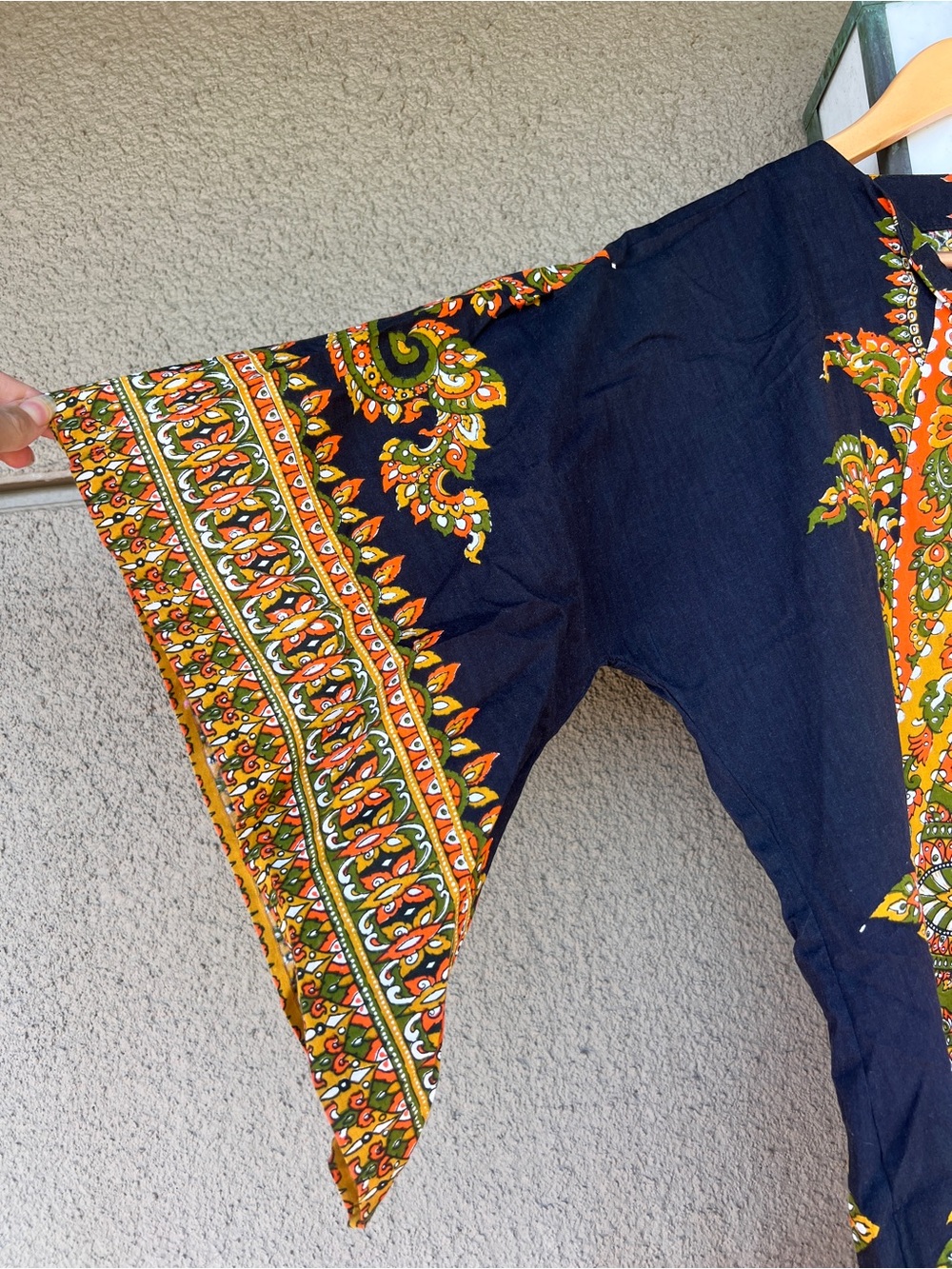1970’s Kaftan Orange Black and Olive Print Dress